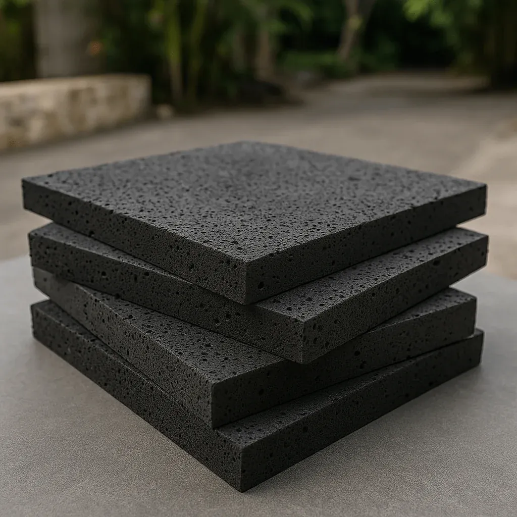 Stack of porous black lava stone slabs