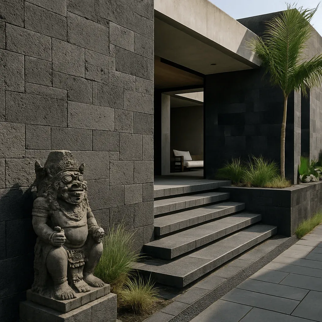 Black lava stone wall cladding and steps at a villa entrance