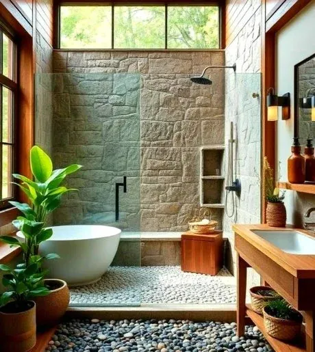 Pebble stone flooring in a natural stone bathroom