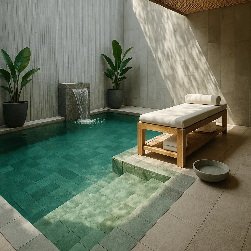 Sukabumi green stone pool tiles around a spa pool with a waterfall